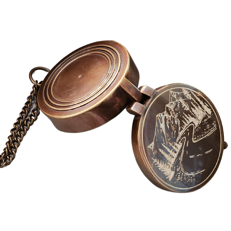 Mountain and Road Engraved Working Handmade Antiqued Brass Compass Gift for Men with ''for Your Adventures'' Stamped Leather Case - BeesActive Australia