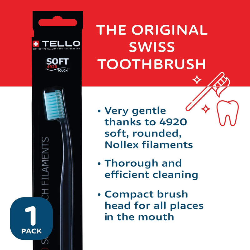 TELLO 4920 Adult Soft Swiss Toothbrush for Gentle Cleaning with Ergonomic Handle, 1 Count - BeesActive Australia