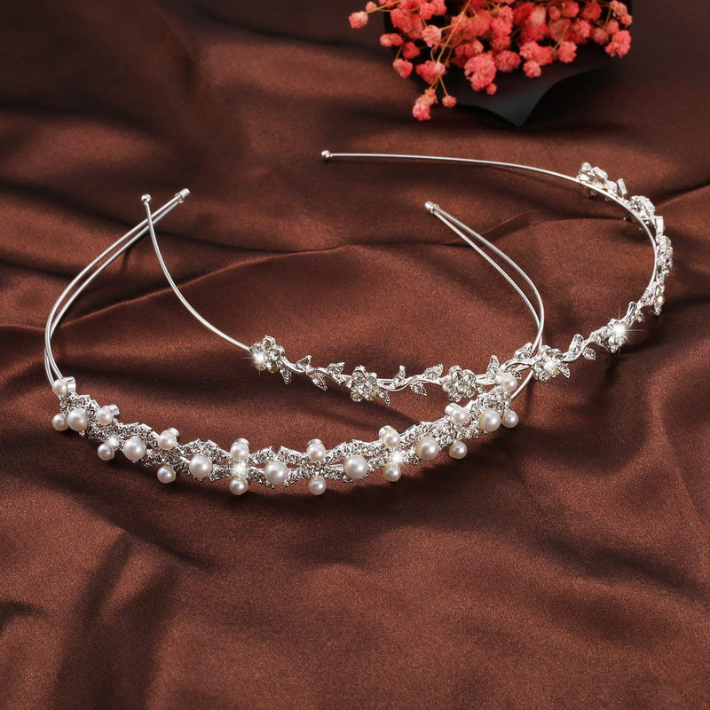 2 Pieces Wedding Party Women's Faux Pearl Rhinestones Headband Flower and Leaves Crown Hair Band for Bride Bridesmaids - BeesActive Australia