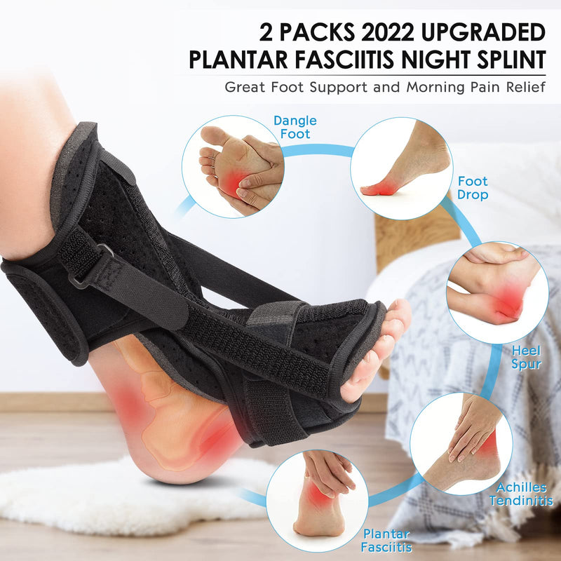 Plantar Fasciitis Brace Night Splint with Soft Memory Foam Pad: 2 Packs 2022 Upgraded | For Achilles Tendonitis Relief Foot Drop Heel Arch, Ankle Pain Support for Women Men Black - BeesActive Australia