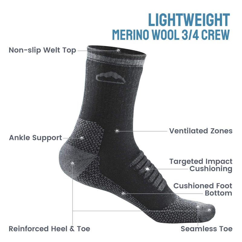 Samsox 2-Pair Merino Wool Hiking Socks, Made in USA 3/4 Crew Cushioned Walking & Boot Socks for Men & Women S/M (Men 6-9.5 / Women 7-11) Black - BeesActive Australia
