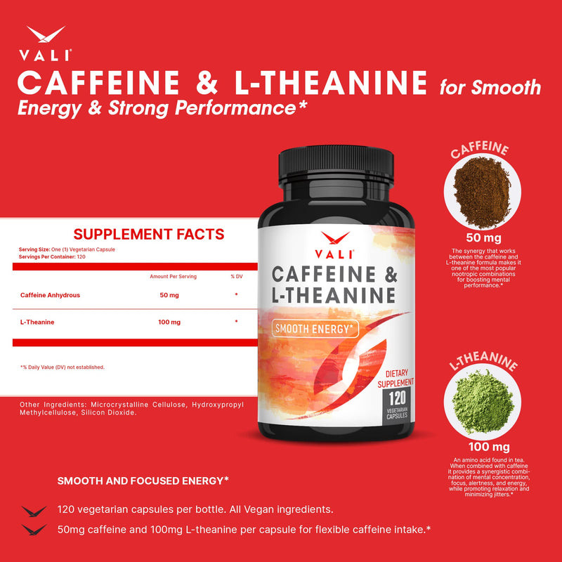VALI Caffeine 50mg & L Theanine 100mg - Caffeine Pills & L-Theanine for Smart Smooth Energy & Focus Supplement. Nootropic Brain Booster Cognitive Support Stack & Focused Clarity. 120 Veggie Capsules - BeesActive Australia