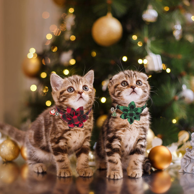 ADOGGYGO Christmas Cat Collars with Flower Bell, 2 Pack Breakaway Cat Christmas Collar with Removable Floral, Red Green Plaid Flower Collars for Cats - BeesActive Australia