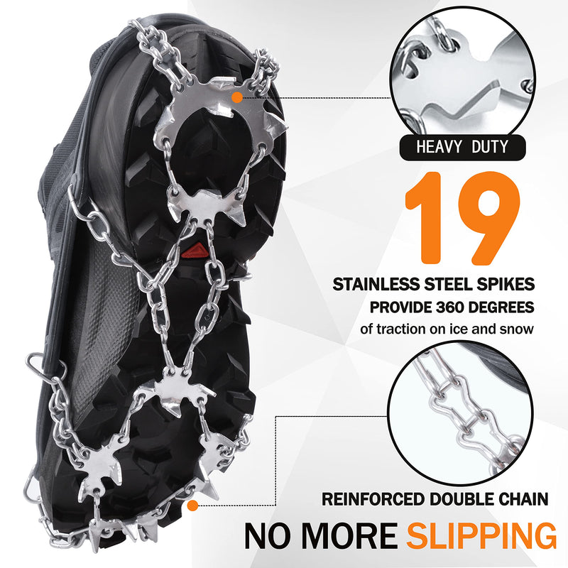 AGOOL Crampons Ice Cleats Walk Traction for Shoes and Boots 19 Anti-Slip Spikes Stainless Steel Snow Cleats Safe Protect for Hiking Fishing Walking Mountaineering On Ice and Snow Black X-Large - BeesActive Australia