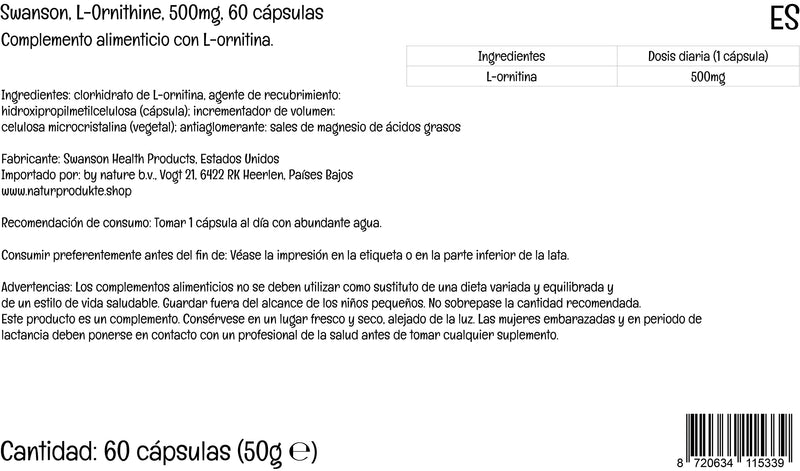 Swanson, L-Ornithine (L-Ornithine Hydrochloride), 500mg, 60 Vegan Capsules, High-Strength, Lab-Tested, Vegetarian, Soy-Free, Gluten-Free, GMO-Free - BeesActive Australia