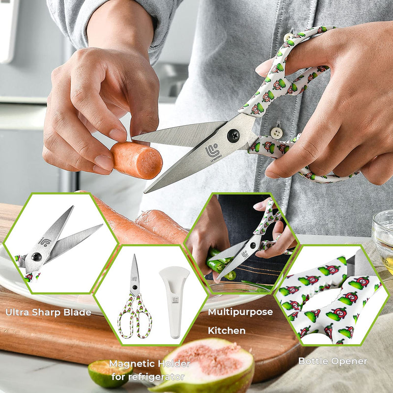 Linoroso Kitchen Scissors Heavy Duty Kitchen Shears with Magnetic Holder Made with Japanese Steel 4034, Multipurpose Ultra Sharp Cooking Scissors for Meat/Vegetables/BBQ/Herbs/Pizza (Graphic,Chili) White/Chili - BeesActive Australia