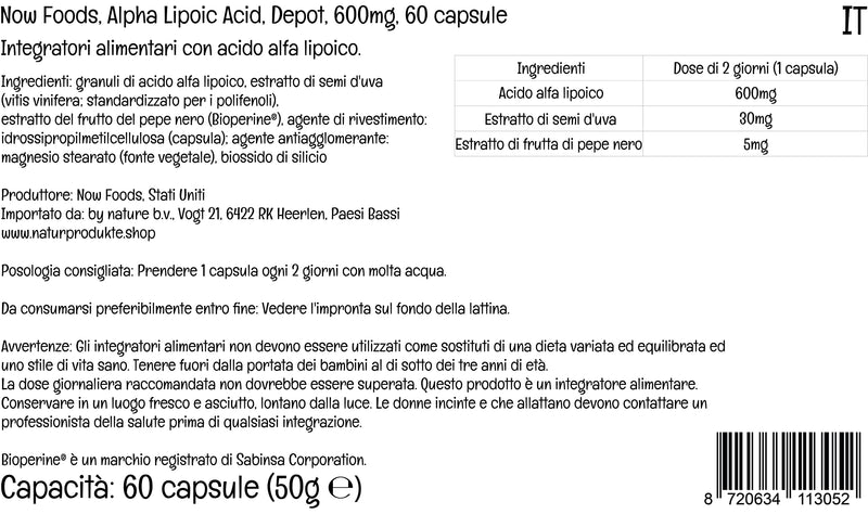 Now Foods, Alpha Lipoic Acid, 600mg, 2-Day Depot, 60 Vegan Capsules, Lab-Tested, Gluten Free, Soy Free, Non-GMO - BeesActive Australia