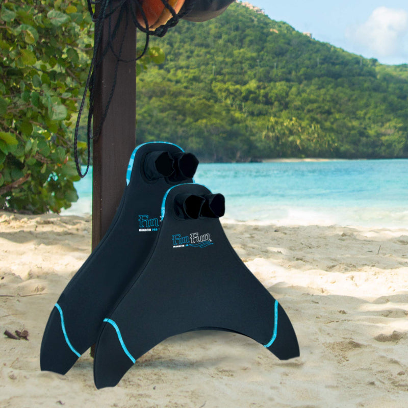 Fin Fun Mermaid Monofin, Swim Fin for Kids and Adults Blue Trim Black Junior - Ages 6-11 - BeesActive Australia