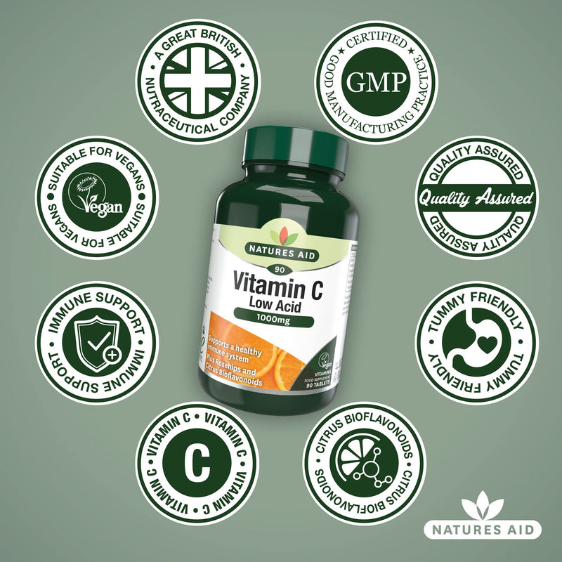 Natures Aid Vitamin C Low Acid Tablets 1000mg Pack of 90 Vitamin C Low Acid 1000mg, 90 Tablets - BeesActive Australia