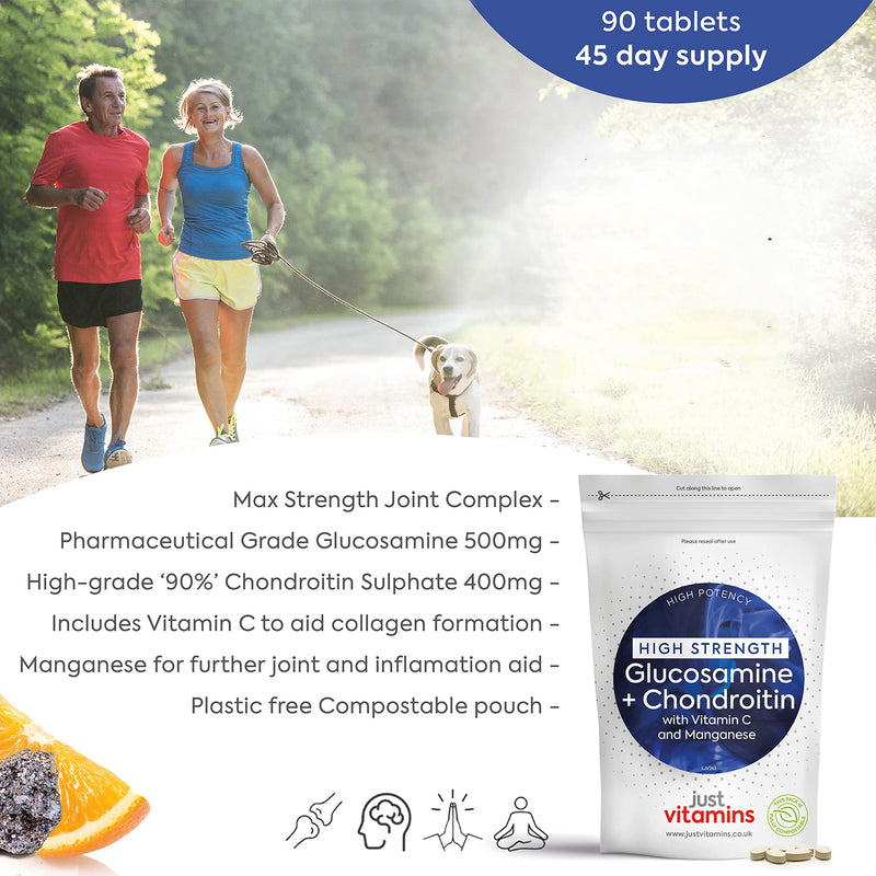 Glucosamine and Chondroitin High Strength (500mg/400mg) Complex x90 Tablets with Vitamin C + Manganese Max Strength Joint Care Combination Supplement for Men/Women (90% Yield Chondroitin Sulphate) UK - BeesActive Australia