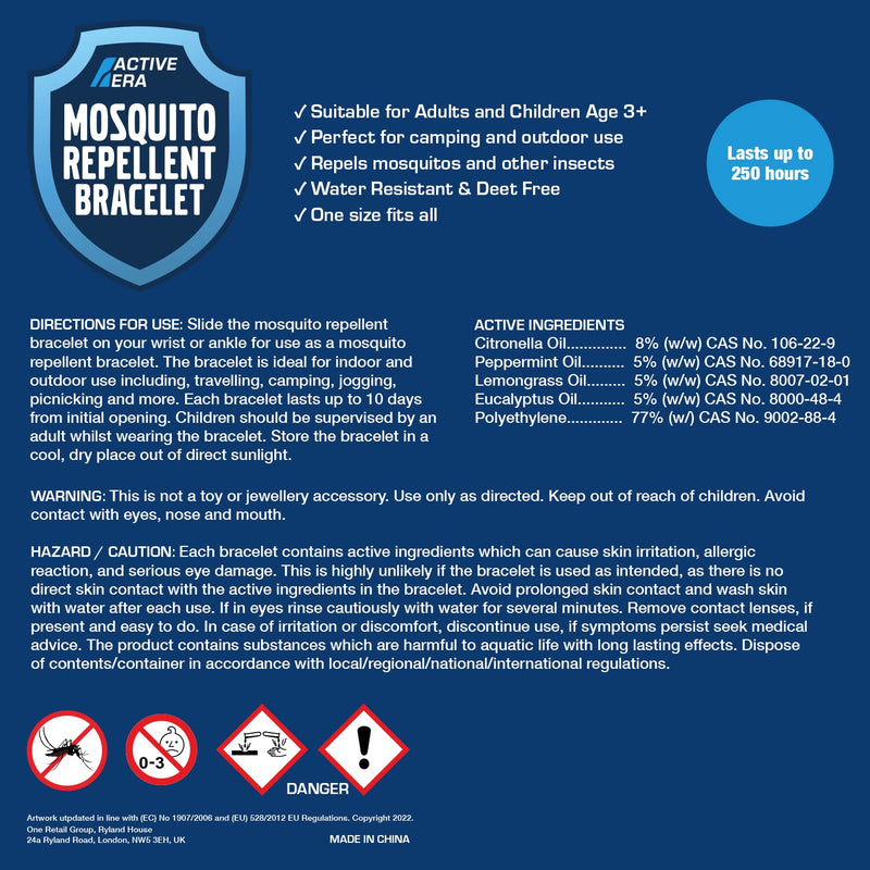 Active Era Mosquito Repellent Bracelet [12 Pack], Insect, Midge & Mosquito Bands - Powerful DEET Free Formula - Waterproof with 250 Hours / 10 Days of Protection for Adults and Kids 3+ 12 Count (Pack of 1) - BeesActive Australia