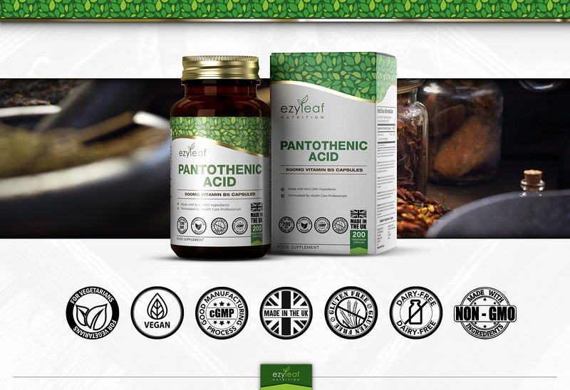 Ezyleaf Pantothenic Acid 500mg Supplement | 200 High Strength Vitamin B5 Capsules - Vitamin B5 Pantothenic Acid Capsules | Pantothenic B5 Acid | ISO Certified, Non-GMO Gluten & Allergen Free | UK Made - BeesActive Australia