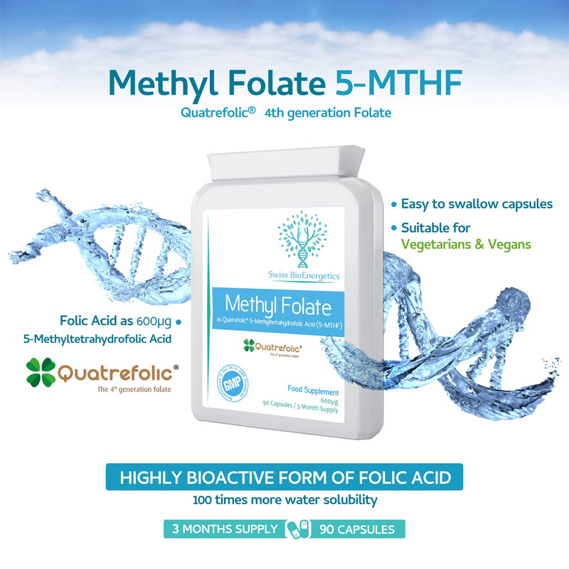 Methyl Folate 600�g - 90 Capsules as Quatrefolic 5-MTHF Supplement 6S-5-methyltetrahydrofolate � The 4th Generation of Folate a Highly biologically Active Form of Folic Acid/Vitamin B9 - UK Made - BeesActive Australia