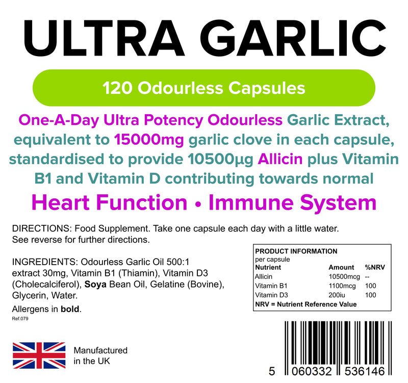 Lindens Ultra Garlic Odourless Capsules - 120 Pack - Including Vitamin B1 and D3 - Contributes to Normal Muscle Function, Heart and Immune Health - 15000mg Garlic (10500mcg Allicin) - UK Manufacturer, Letterbox Friendly - BeesActive Australia