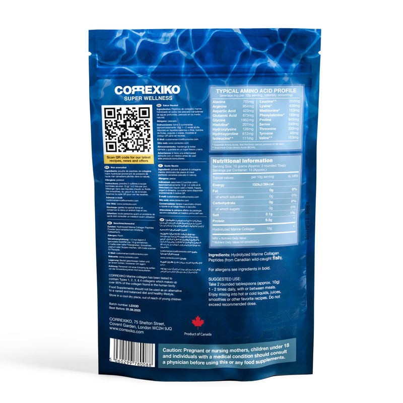 CORREXIKO Premium Marine Collagen Powder - Wild Caught Fish from Canada (Not Farmed), Protein Peptides for Skin, Hair, Nails, Joints & Bones & Digestive Health - Hydrolyzed (Unflavoured) Unflavoured 14 Servings (Pack of 1) - BeesActive Australia