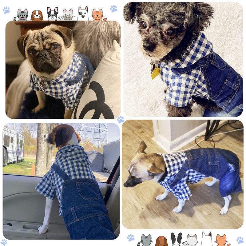 Pet Clothes Denim Dog Jeans Jumpsuit Striped or Grid Overall Hoodie Coat for Small Medium Puppy Cat Blue Plaid - BeesActive Australia