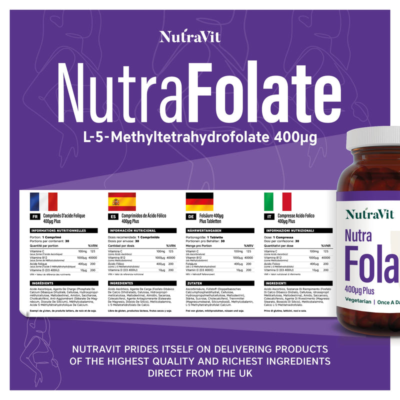 NUTRAFOLATE Plus - 400mcg Folic Acid Tablets (L-Methylfolate) | Vitamin B9-30 Tablets - Folic Acid Pregnancy & Pre-Pregnancy Vitamin - Contains Vitamins D, C and B12 - Vegetarian - NutraVit - BeesActive Australia