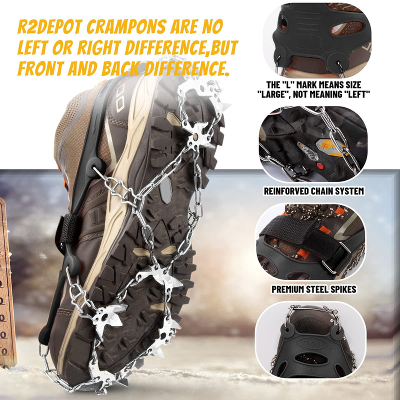 R2Depot Crampons, Ice Cleats with Emergency Blankets ,19 Spikes, Anti-Slip Stainless Steel Microspikes Orange Large - BeesActive Australia