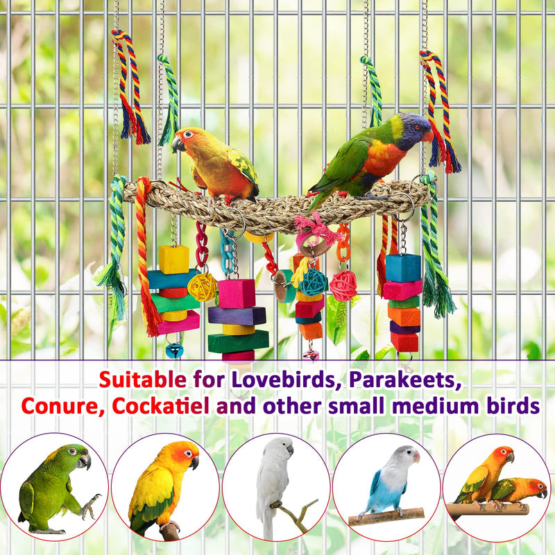 Bird Swing Toys, Bird Foraging Wall Toy, Seagrass Woven Hammock Swing Mat with Colorful Ropes Wooden Chew Toys for Lovebirds, Parakeets, Conures, Cockatiels - BeesActive Australia
