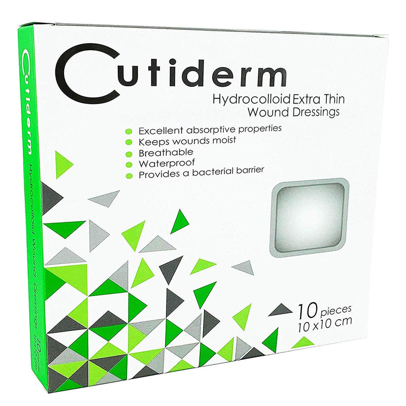 Pack of 10 Cutiderm Sterile Hydrocolloid Extra Thin Adhesive Wound Dressing 10cm x 10cm - for Cuts, Grazes, Superficial and Partial Thickness Burns, Pressure sores, and Venous Leg ulcers 10cm x 10cm (Pack of 10) - BeesActive Australia