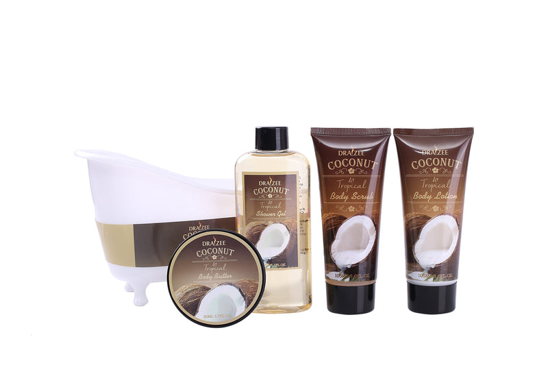 Draizee Coconut Home Gift Spa Basket, Luxury 5 piece Relaxation Set for Mom, New Mothers, Girlfriend, with Bathtub Holder - #1 Best Valentine Gift Includes Body Scrub, Body Lotion, Shower Gel and More - BeesActive Australia