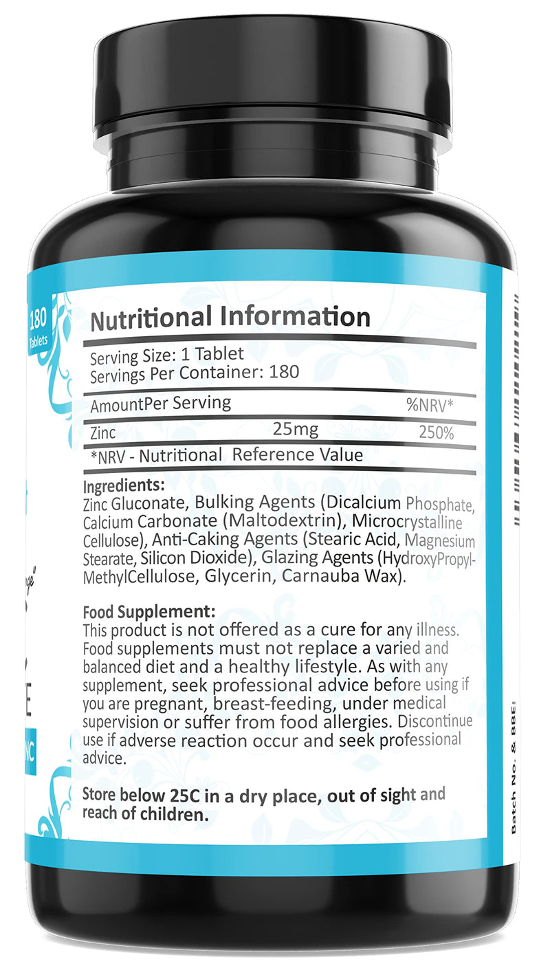 Zinc Tablets 25mg � Zinc Tablets High Strength for Maintenance of Normal Immune System, Hair, Skin, Nails & Bones Zinc Supplements - 180 Vegan Tablets � Made in The UK by Fresh Start Nutrition - BeesActive Australia