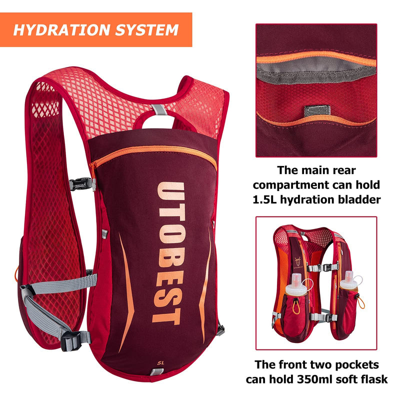 UTOBEST Hydration Running Vest for Men Women Hydration Pack 5L Lightweight Water Backpack for Trail Running Race Hiking Red Vest 5L - Only Vest - BeesActive Australia