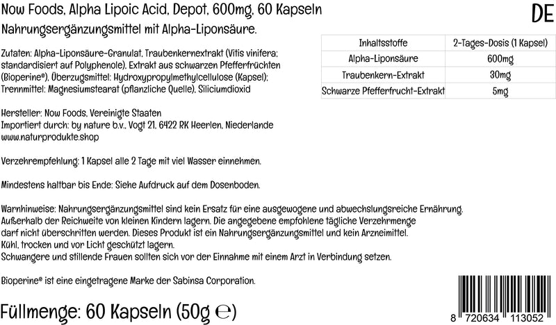 Now Foods, Alpha Lipoic Acid, 600mg, 2-Day Depot, 60 Vegan Capsules, Lab-Tested, Gluten Free, Soy Free, Non-GMO - BeesActive Australia