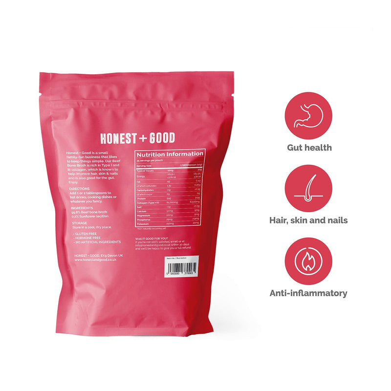 Honest + Good UK's Beef Bone Broth Powder | 1 Month Supply | Grass Fed | Hair Skin Gut | 8500mg Type I & III Collagen High Protein | UK Made | No Seasoning Neutral Flavour - BeesActive Australia