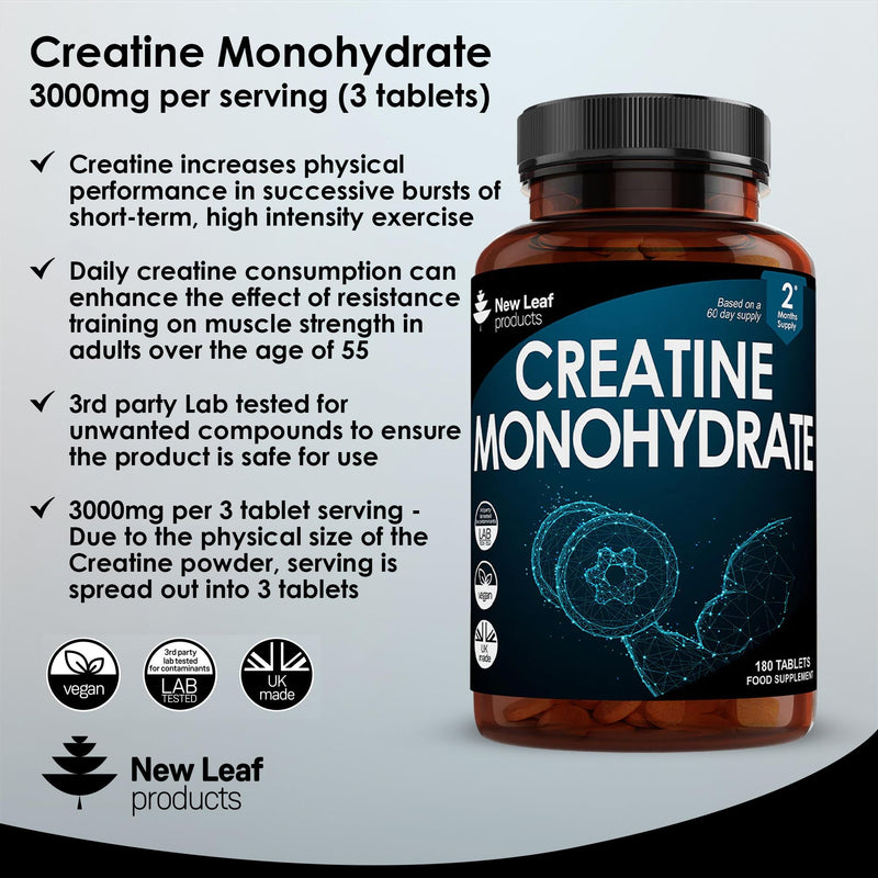Creatine Monohydrate Tablets 3000mg - 180 Creatine Tablets - Exercise Workout Gym Supplement for Men & Women - Creatine Monohydrate Powder Tablets (3 per serving) -Lab Tested & Vegan Friendly 2 Months 180 Count (Pack of 1) - BeesActive Australia