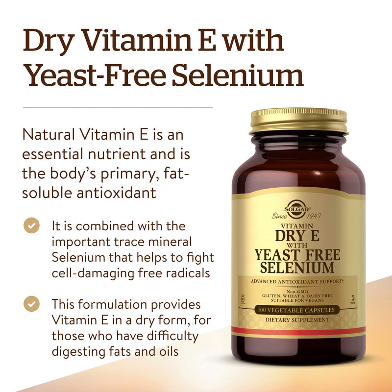 Solgar Vitamin E with Yeast Free Selenium Vegetable Capsules - Pack of 100 - Hair and Nails - Vegan - BeesActive Australia