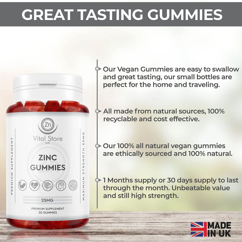 Zinc Gummies 25mg - Vegan Zinc Supplement - One Month Supply - Berry Flavour - Zinc 25mg High Strength Zinc Supplement, 30 Count (Pack of 1) - BeesActive Australia