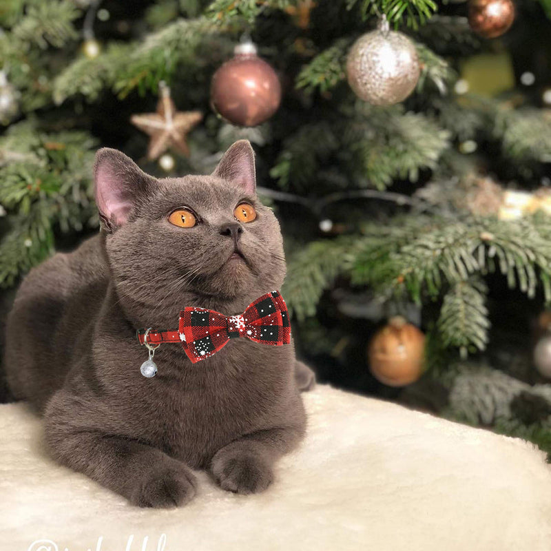 Pohshido 2 Pack Christmas Cat Collar with Bow Tie and Bell, Xmas Holiday Breakaway Buckle Safety Kitty Kitten Collar(Adjustable Size from 7.8-12.8 inch) Buffalo Snowflake - BeesActive Australia