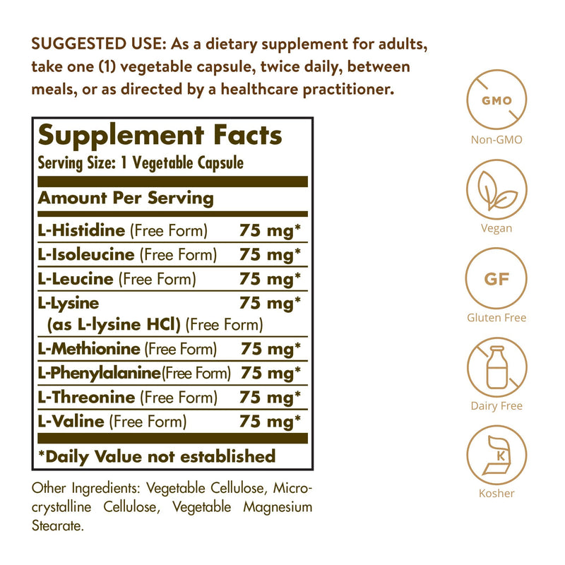 Solgar Amino 75 Essential Acid Vegetable Capsules - Pack of 90 - 8 Aminos Complex - For Metabolic Processes - Easy to Digest - Vegan - BeesActive Australia