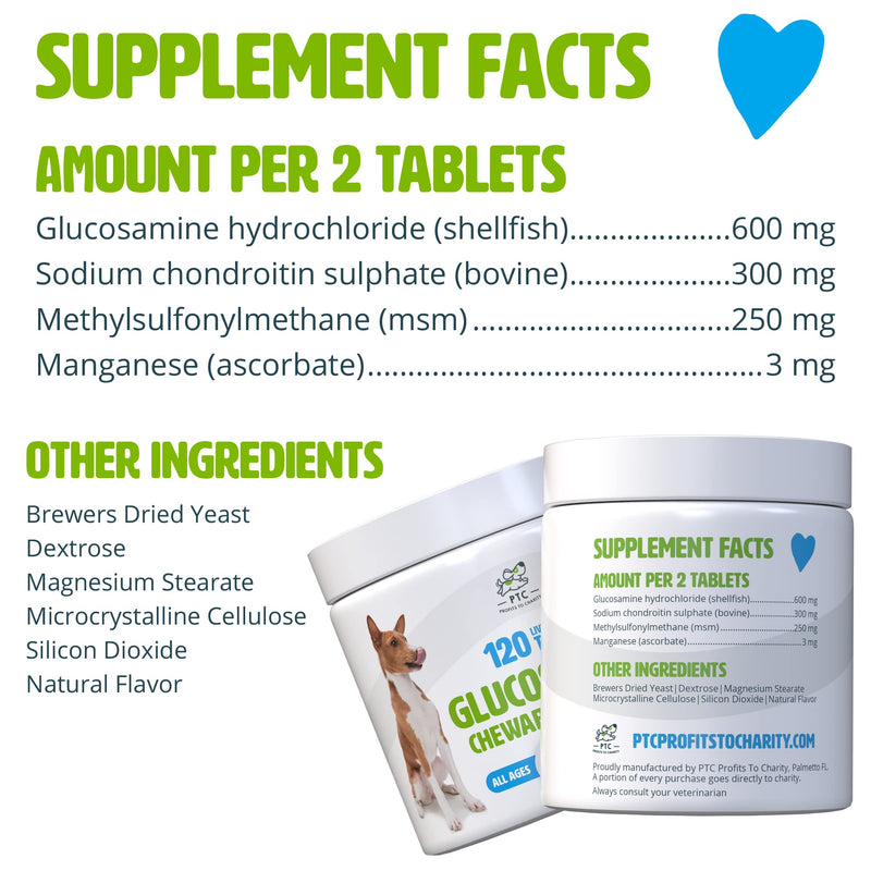 Glucosamine for Dogs with Chondroitin and MSM - Hip and Joint Supplement for Dog Mobility Support and Arthritis Pain Relief by PTC - Profits to Charity 120 Count (Pack of 1) - BeesActive Australia