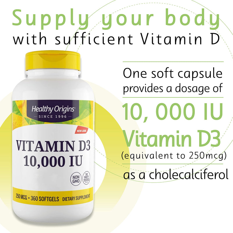 Healthy Origins, Vitamin D3, 10,000 IU, 360 Softgels, Lab Tested, Gluten Free, Soy Free, Non-GMO - BeesActive Australia