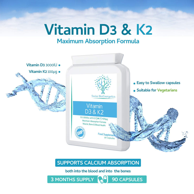 Vitamin D 3,000 IU & Vitamin K2 100ug MK7 Vegetarian Capsules - 90-Day Supply of Vitamin D3 Supplement Source of Cholecalciferol � Exclusively Manufactured in The UK for Maximum Absorption - BeesActive Australia