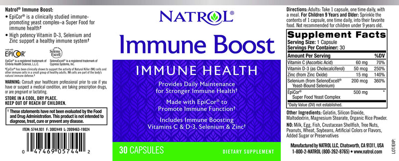 Natrol Immune Boost Capsules, Immune Support, Made with EpiCor Clinically Tested, Includes Vitamins C, D3, Selenium and Zinc, 30 Count 30 Count (Pack of 1) - BeesActive Australia