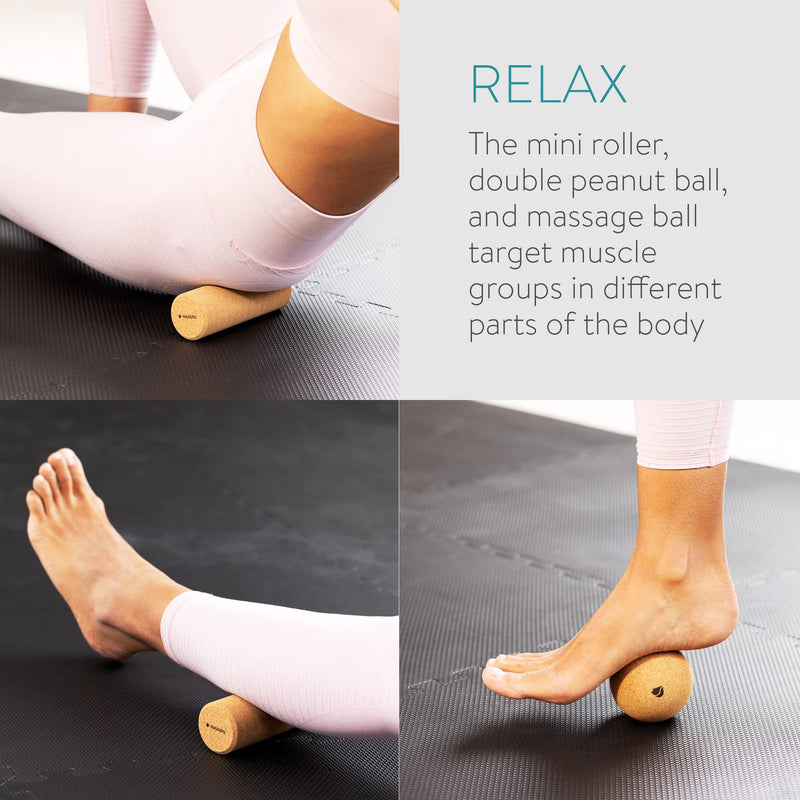 Navaris Cork Massage Roller Ball Set (3 Pieces) - Includes Cork Peanut Roller, Cork Massage Ball, Cork Mini Roller - Rollers for Back and Muscles Ball + Peanut + Roller - BeesActive Australia