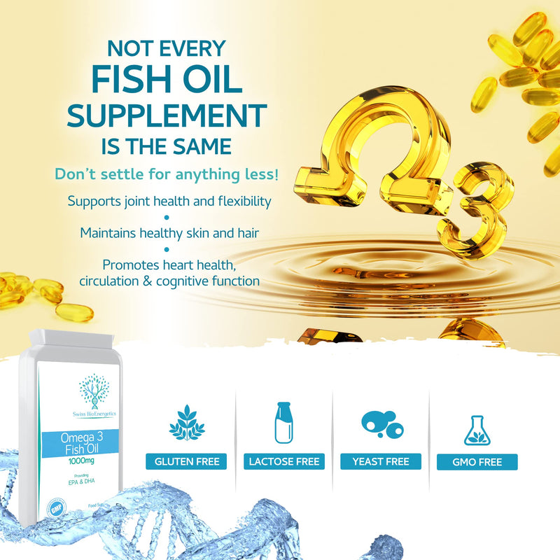 Omega-3 Fish Oil Soft Gels - Ultra Potent 1000mg, 90 Capsules - Full Strength EPA & DHA - Easy to Swallow Omega3 Fish Oils - Ultimate Joint, Heart & Brain Health Support Supplement - Made in The UK - BeesActive Australia