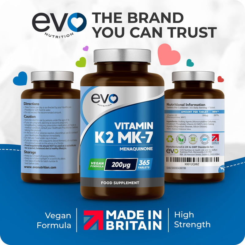 EVO NUTRITION Vitamin K2 MK-7 200mcg | 365 Vegetarian and Vegan Tablets (not Capsules) | 1-A-DAY | Supports Maintenance of Normal Bones | One Years Supply of High Strength Vitamin K2 Menaquinone MK7 - BeesActive Australia