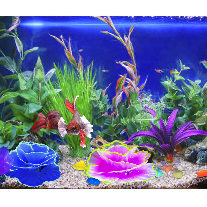 Livfodrm Glowing Fish Tank Decorations Glow Aquarium Decor Coral Ornaments, 2pcs Silicone Flower Plants and 10pcs Colourful Sea Shells/Luminous Stone Glow in The Dark for Aquarium Decoration - BeesActive Australia