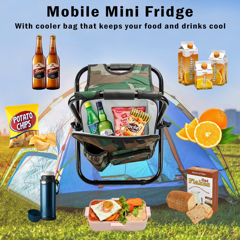 Folding Stool Backpack Insulated Cooler Bag, Collapsible Camping Hunting Fishing Multifunction Chair with Front Pocket and Bottle Pocket for Outdoor Events, Hiking, Travel, Beach Camouflage - BeesActive Australia