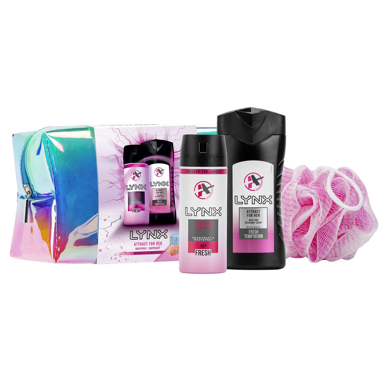Lynx Attract For Her Washbag Gift Set, Ideal for Girls And Teenagers, Duo Pack Shower Gel And Deodorant Body Spray, Includes a Shower Loofah Puff - BeesActive Australia