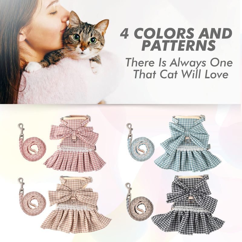 Kaqipeet Cat Harness and Leash Set for Walking Escape Proof, Kitten Harness with Bowtie Plaid JK Skirt for Cats, Lifetime Replacement Small Pink Plaid - BeesActive Australia