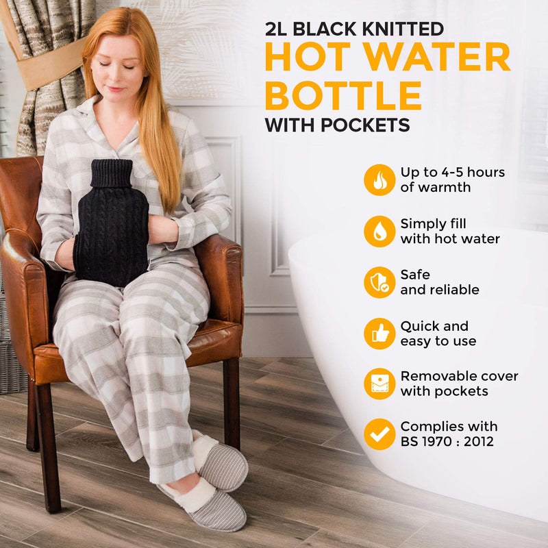 LIVIVO 2L Hot Water Bottle with Insulating Cover and Pockets for Hands - Keep Cosy and Warm (Black Knit) Black Knit - BeesActive Australia