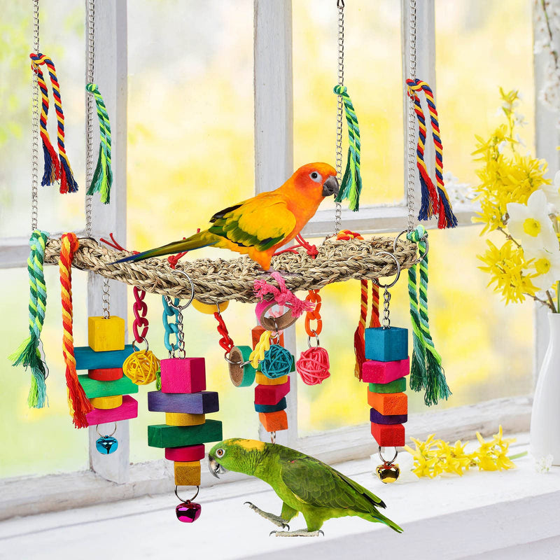 Bird Swing Toys, Bird Foraging Wall Toy, Seagrass Woven Hammock Swing Mat with Colorful Ropes Wooden Chew Toys for Lovebirds, Parakeets, Conures, Cockatiels - BeesActive Australia
