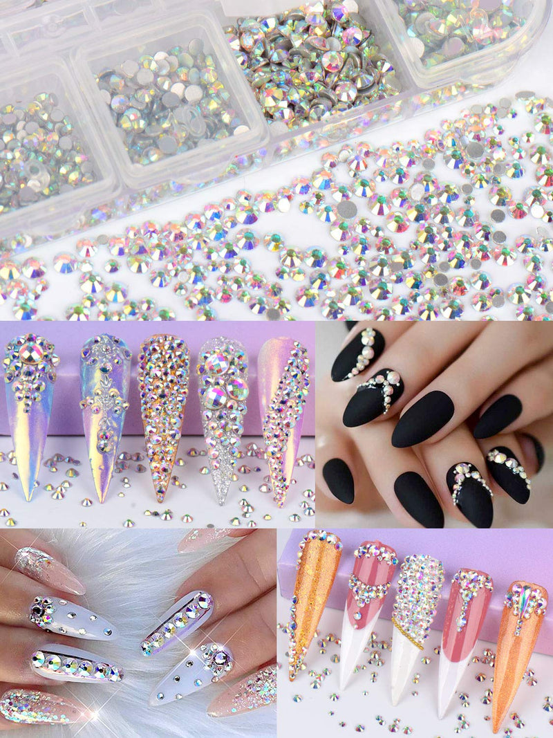 Warmfits 3600pcs Nail Art Rhinestone AB Nail Crystals Round Shaped Flatback Gems Stones 6 Sizes with Box for Nail Design Craft Art Shoes (Crystal AB) Crystal AB - BeesActive Australia