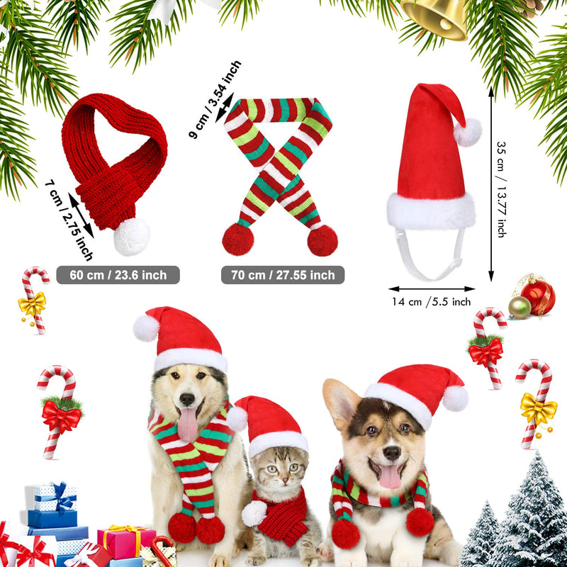 4 Pieces Christmas Dog Scarf with Santa Hat 2 Adjustable Christmas Pet Hat and 2 Pet Knit Red Scarf with White Pompom Ball Striped Scarf Winter Pet Accessory for Small Medium Large Dog - BeesActive Australia