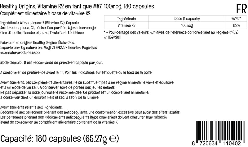 Healthy Origins, Vitamin K2 as MK-7, 100 mcg, 180 Vegetarian Softgels, Laboratory Tested, High Strength, Gluten Free, SOYA Free, Non-GMO - BeesActive Australia